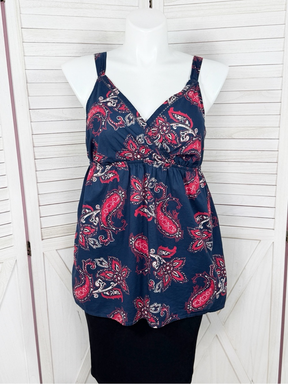 Vintage Y2K Faded Glory Paisley Babydoll Tank Top Blue Red White XL Boho